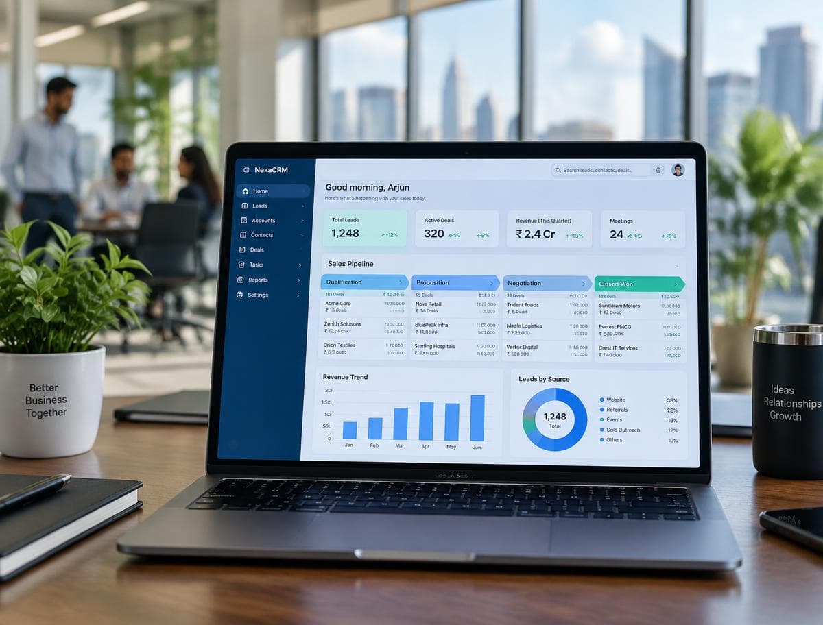 Zoho CRM dashboard on a laptop in an office